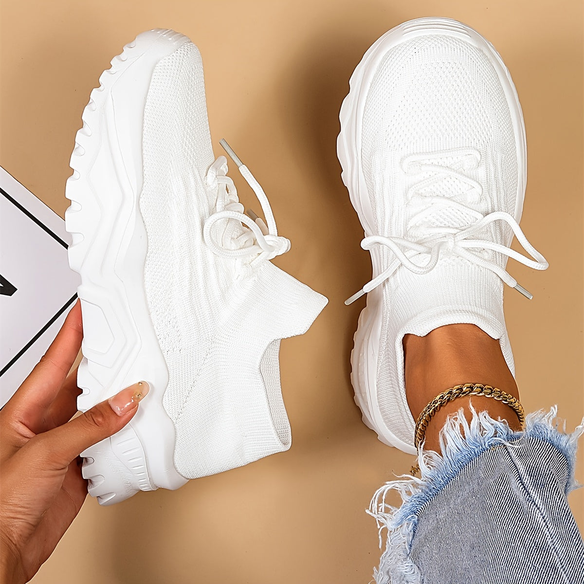 Damskie Nowoczesne Oddychające Sneakersy z Grubą Podeszwą