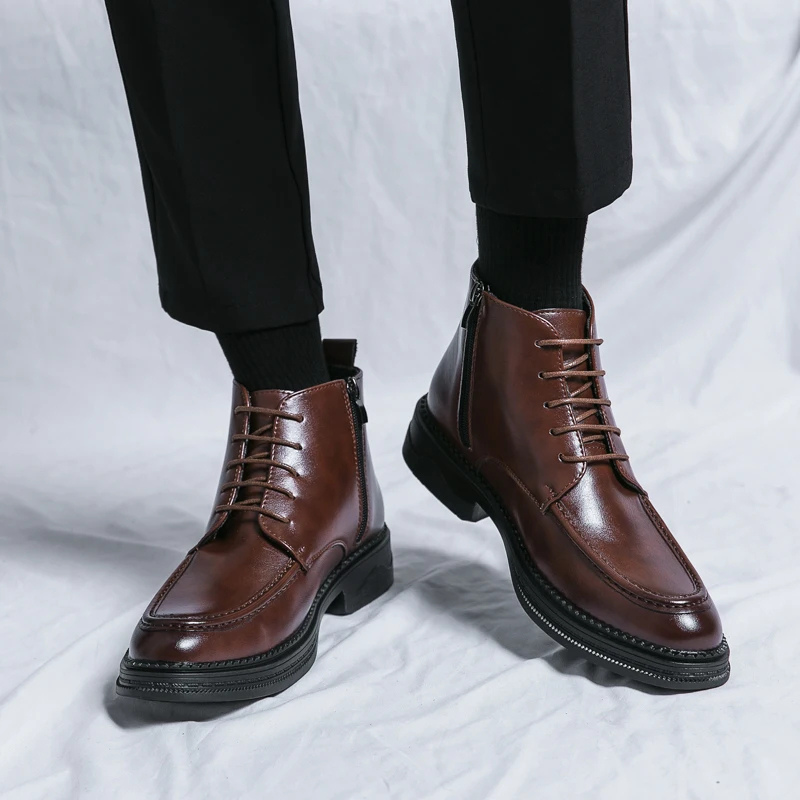 Męskie Eleganckie Skórzane Buty z Sznurowaniem i Zamkiem Boczny