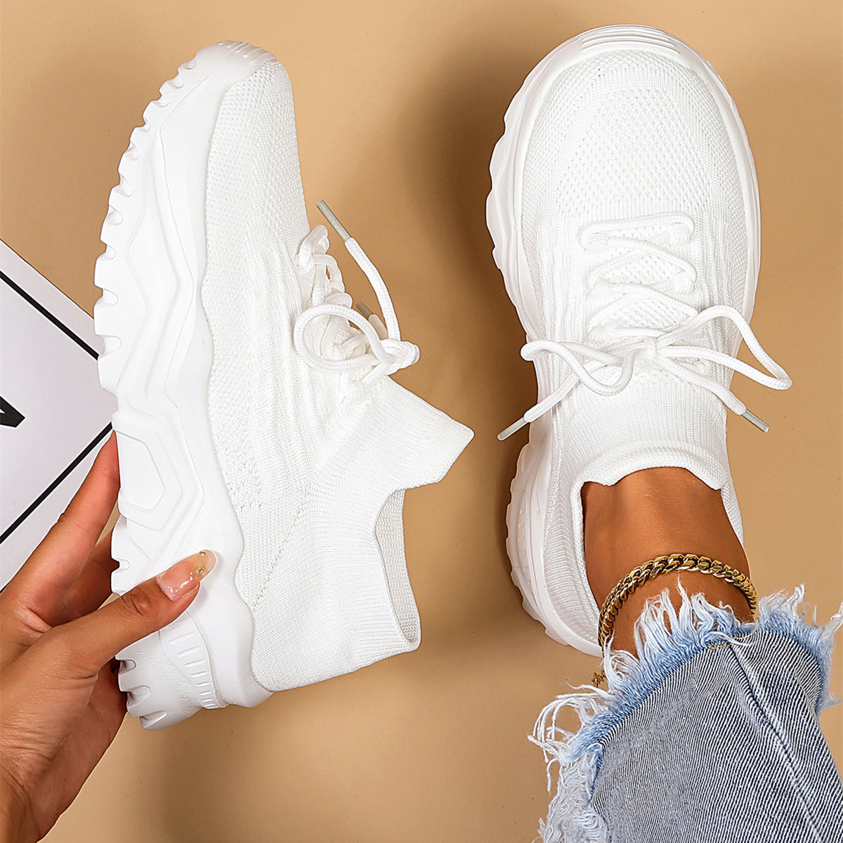 Damskie Nowoczesne Oddychające Sneakersy z Grubą Podeszwą