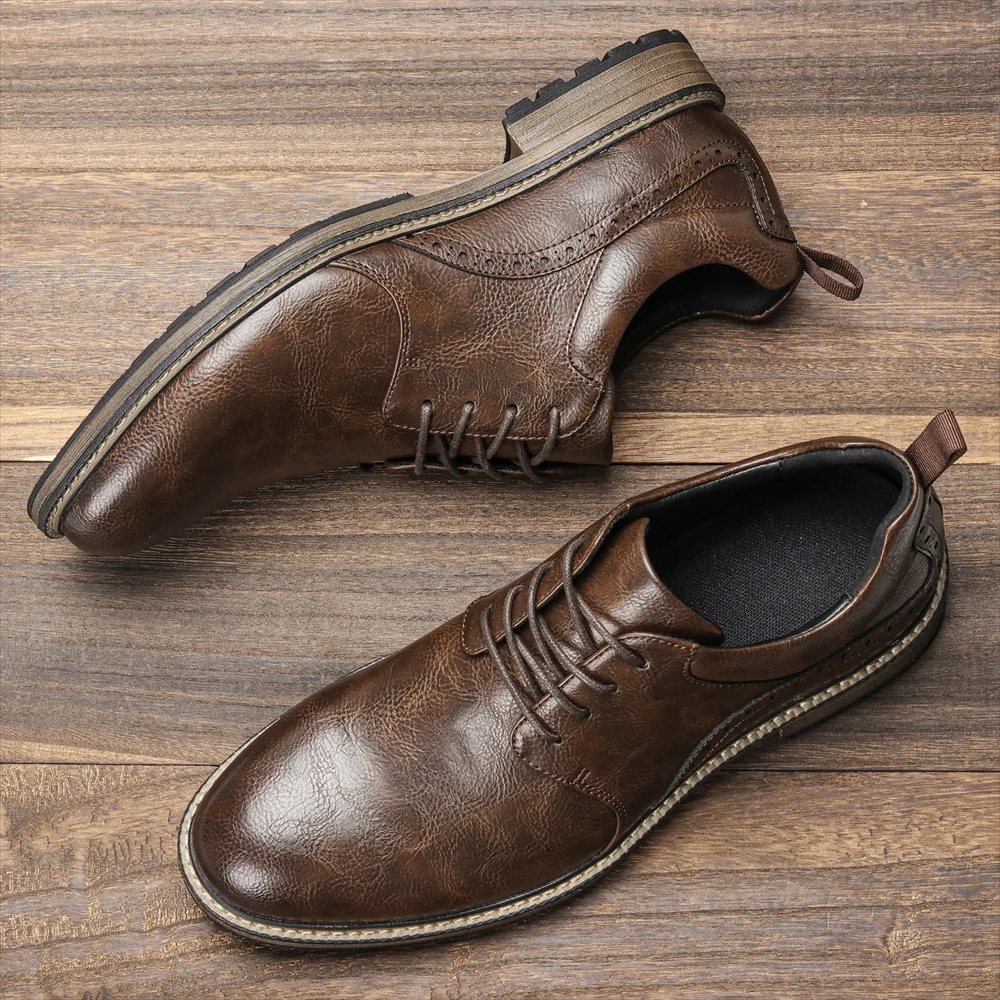Męskie Eleganckie Skórzane Buty z Antypoślizgową Podeszwą z Sznurówkami