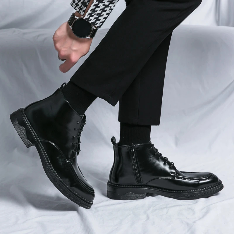 Męskie Eleganckie Skórzane Buty z Sznurowaniem i Zamkiem Boczny