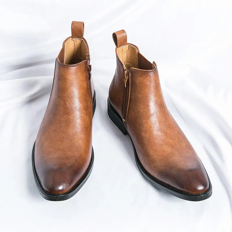 Męskie Eleganckie Skórzane Botki Chelsea z Zapięciem Błyskawicznym