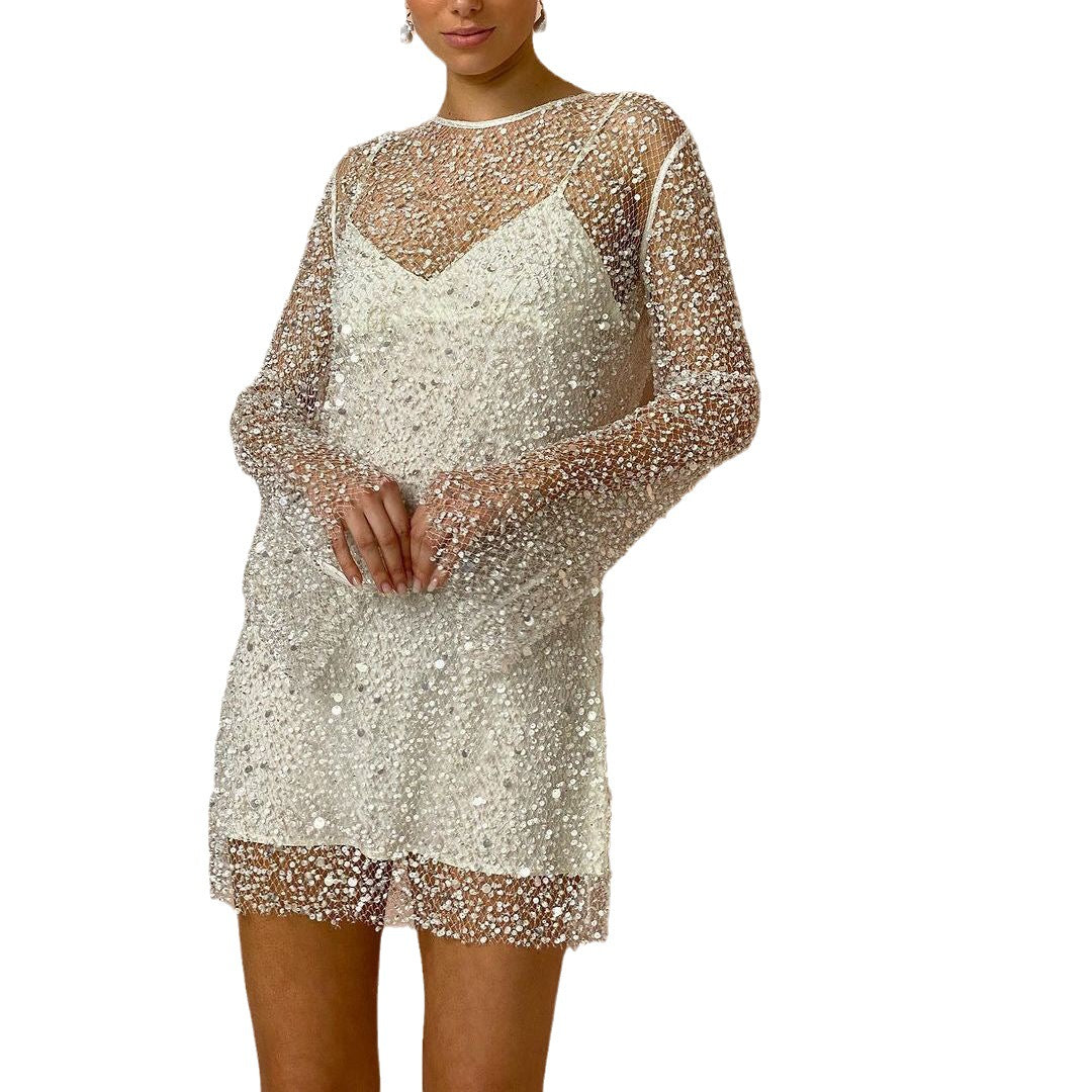 Damska Elegancka Mini Sukienka z Paillettes z Długim Rękawem na Wesele