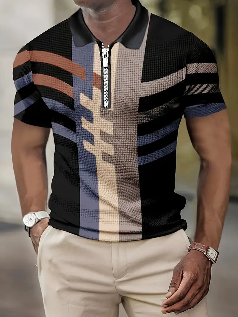 Stylowy Dopasowany Polar T-Shirt W Geometryczny Wzór Z Zamkiem Męski | Idealne na lato