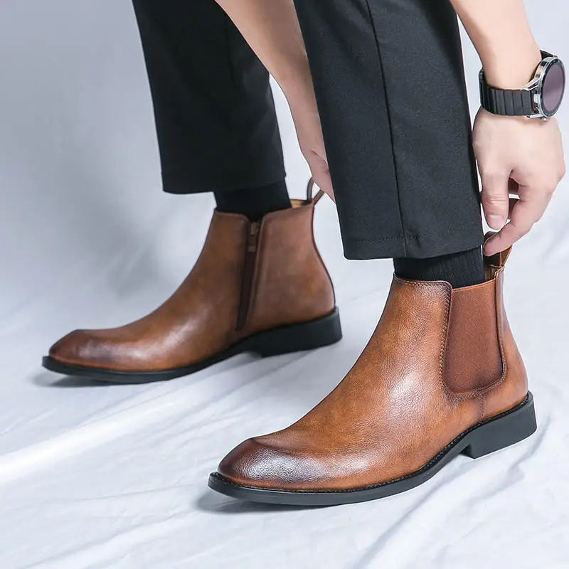 Męskie Eleganckie Skórzane Botki Chelsea z Zapięciem Błyskawicznym