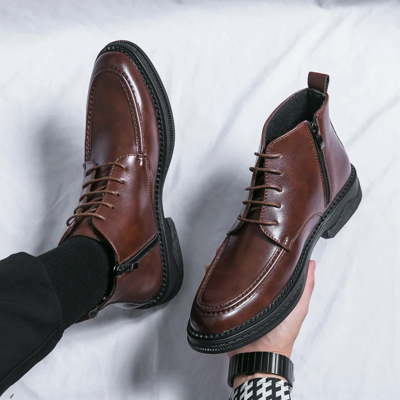 Męskie Eleganckie Skórzane Buty z Sznurowaniem i Zamkiem Boczny