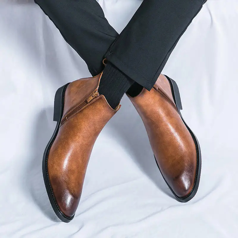 Męskie Eleganckie Skórzane Botki Chelsea z Zapięciem Błyskawicznym