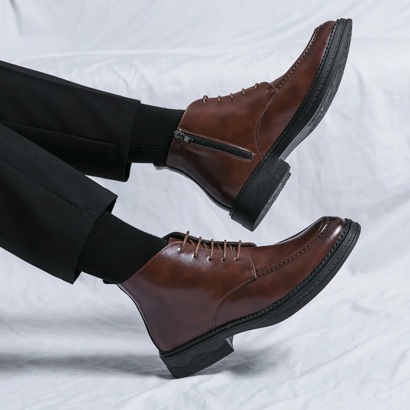 Męskie Eleganckie Skórzane Buty z Sznurowaniem i Zamkiem Boczny