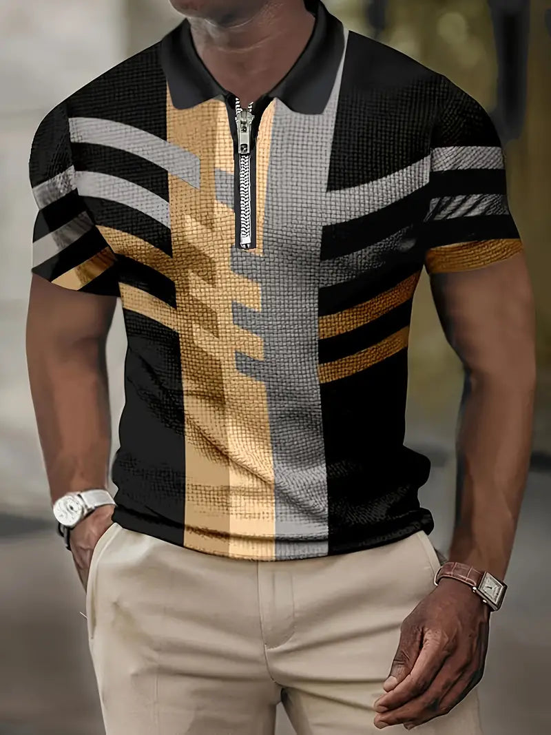 Stylowy Dopasowany Polar T-Shirt W Geometryczny Wzór Z Zamkiem Męski | Idealne na lato