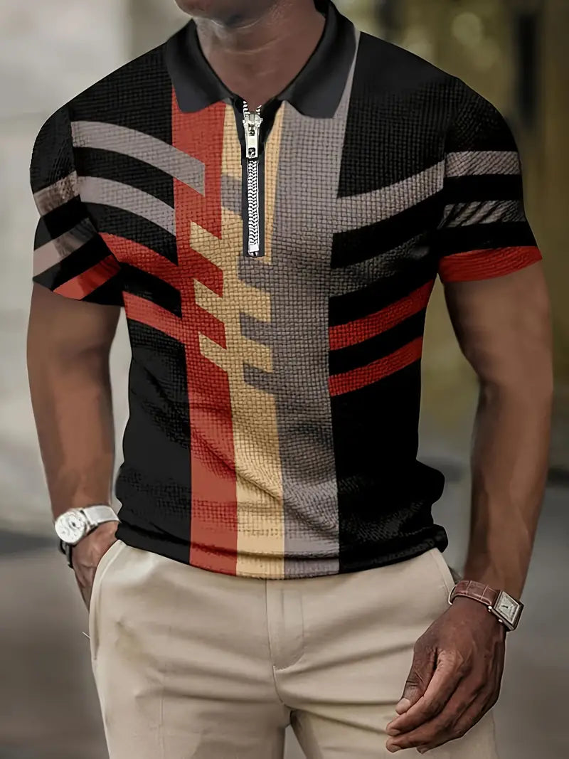 Stylowy Dopasowany Polar T-Shirt W Geometryczny Wzór Z Zamkiem Męski | Idealne na lato