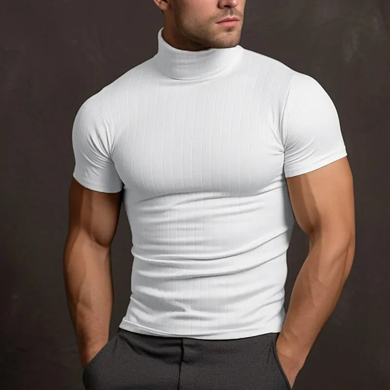 Casualowa Dopasowany Prążkowany T-Shirt Z Golfem Męski | Idealne na lato