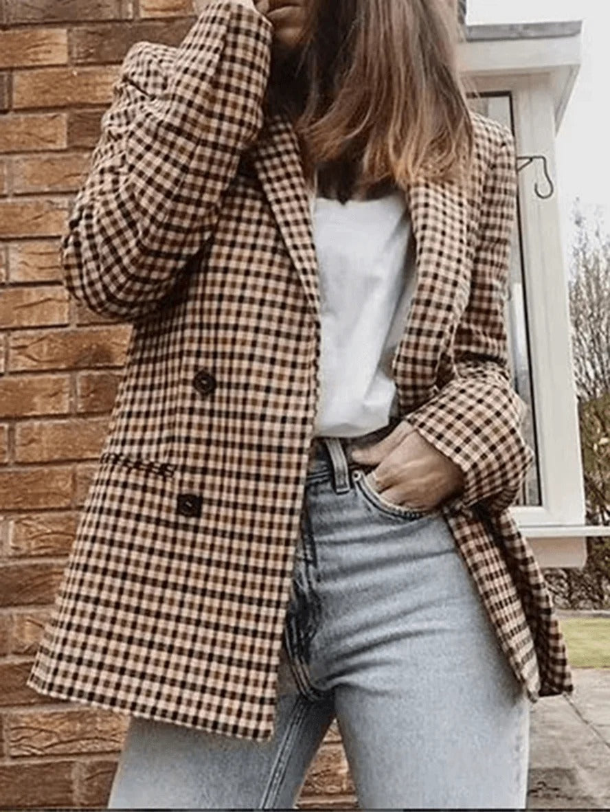 Casualowy Beżowy Blezer W Kratę Z Kieszeniami Damski | Idealny na Każdą Porę Roku