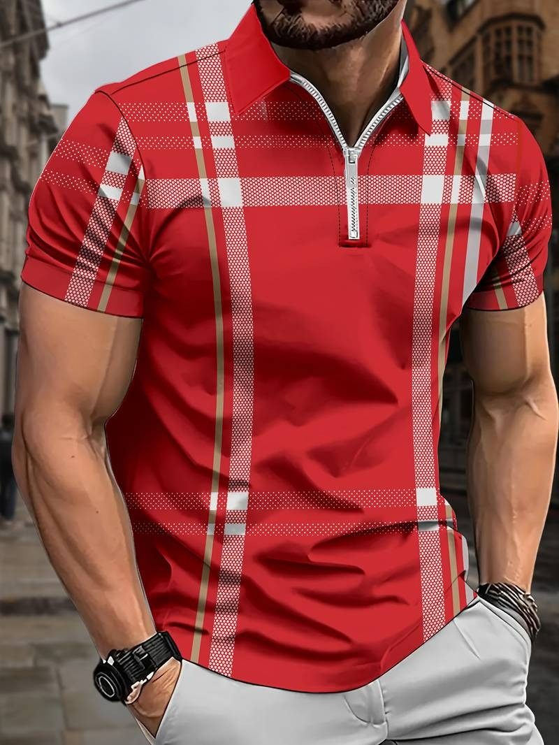 Modny Koszulka Polo W Kratę Z Zamkiem Męski | Idealna Na Wiosnę/Lato
