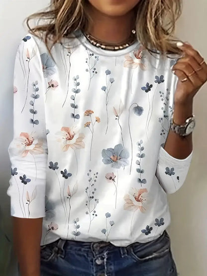 Damski Stylowy T Shirt Bawełna z Długim Rękawem z Kwiatowym Wzorem