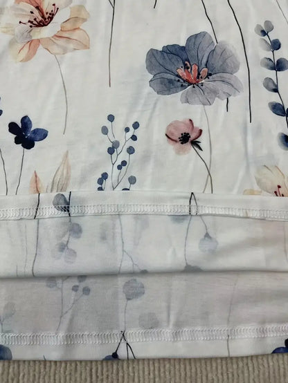 Damski Stylowy T Shirt Bawełna z Długim Rękawem z Kwiatowym Wzorem