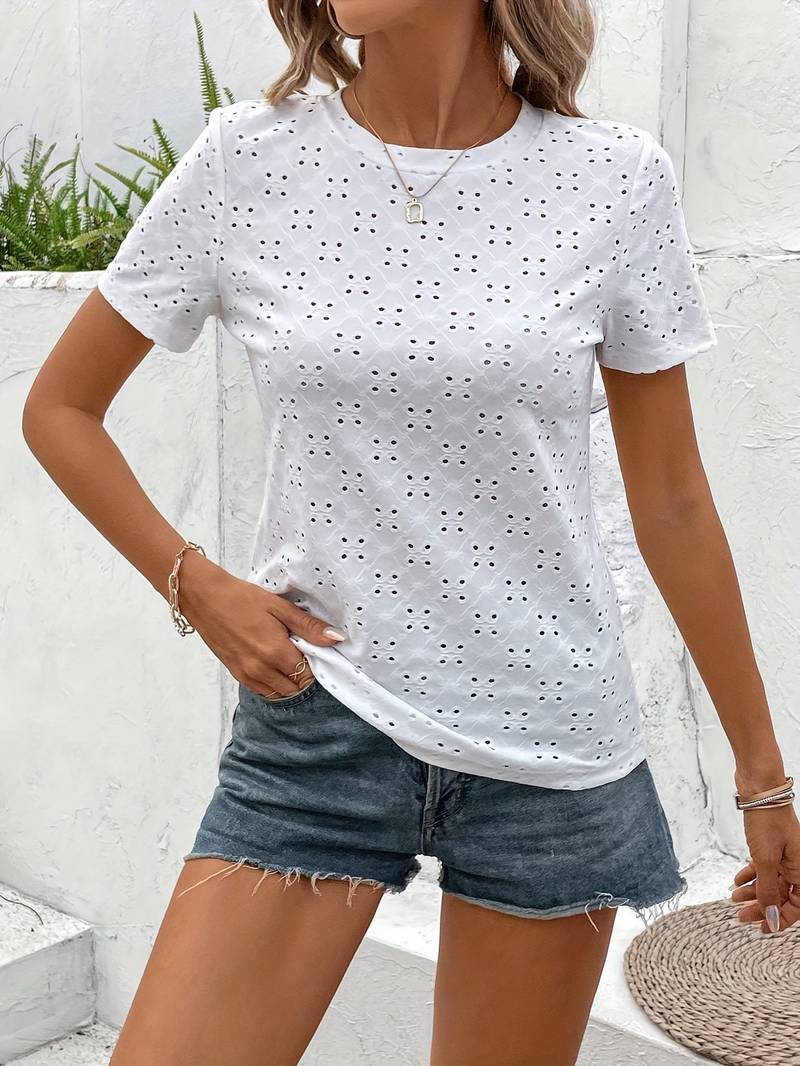 Casualowa T-Shirt Z Krótkim Rękawem I Ażurowym Wzorem Damski | Idealne na lato