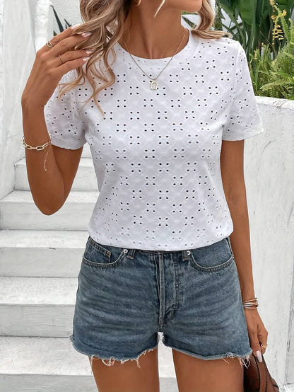 Casualowa T-Shirt Z Krótkim Rękawem I Ażurowym Wzorem Damski | Idealne na lato