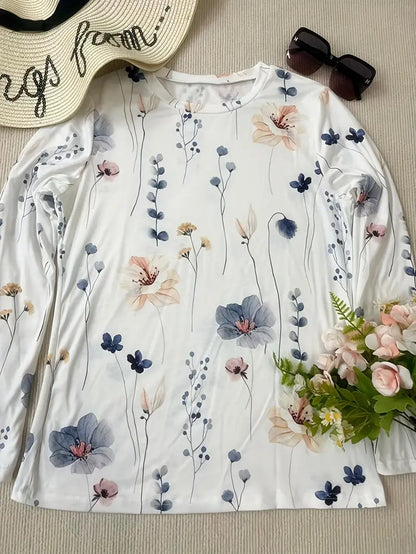 Damski Stylowy T Shirt Bawełna z Długim Rękawem z Kwiatowym Wzorem
