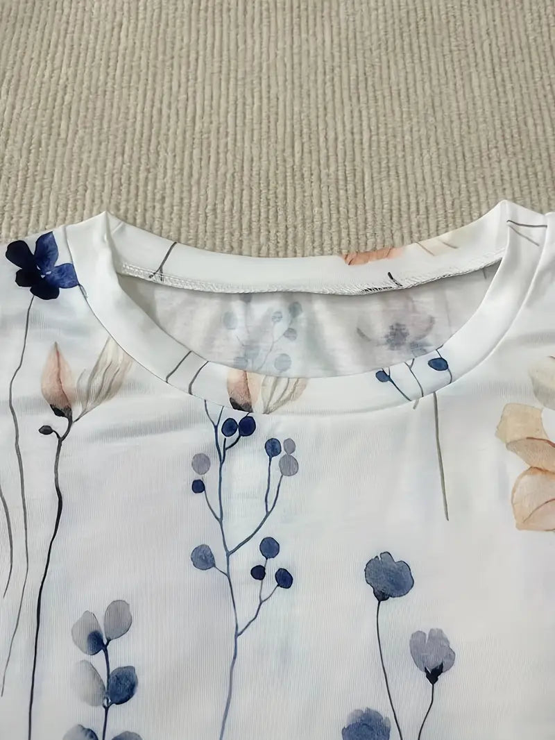 Damski Stylowy T Shirt Bawełna z Długim Rękawem z Kwiatowym Wzorem