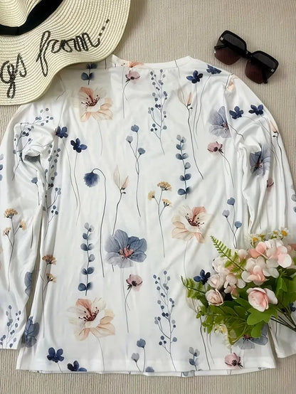 Damski Stylowy T Shirt Bawełna z Długim Rękawem z Kwiatowym Wzorem