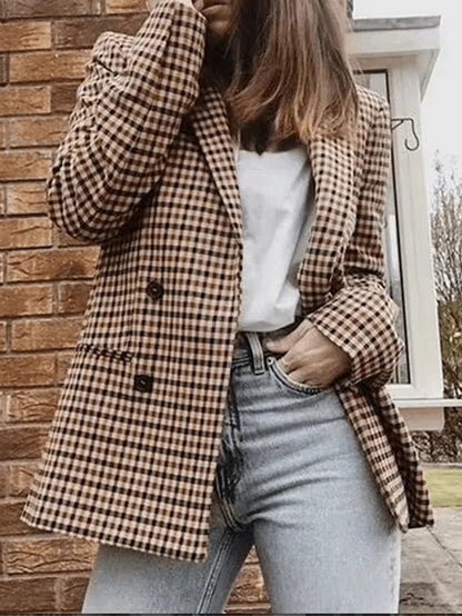 Casualowy Beżowy Blezer W Kratę Z Kieszeniami  Damski | Idealny na Każdą Porę Roku